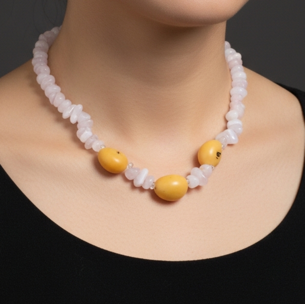 Unique Rose Quartz and Tagua Nut Beaded Necklace
